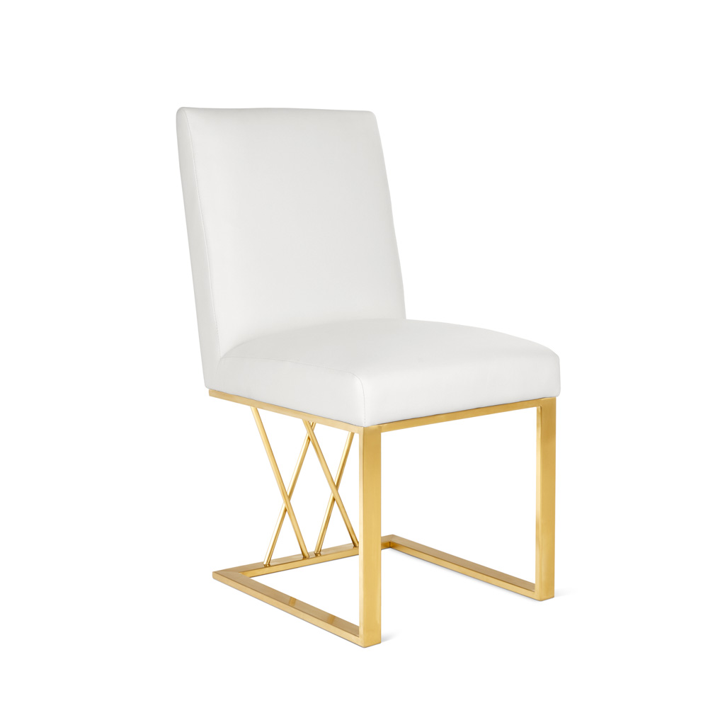 Martini Dining Chair: White Leatherette Brushed Gold Frame